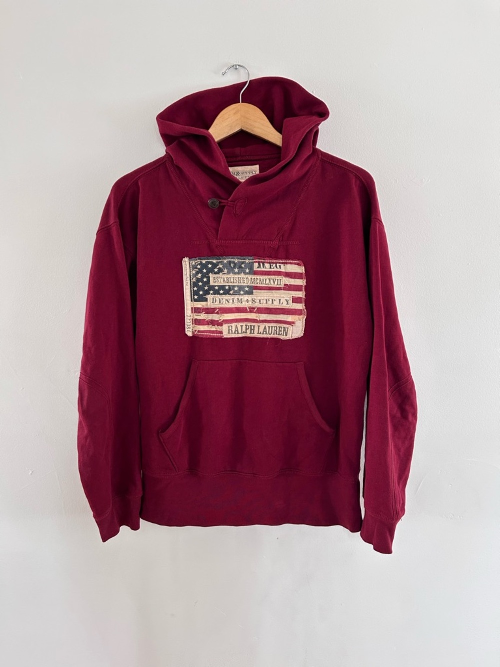 Denim & Supply Ralph Lauren Burgundy Hooded Pullover with Flag Patch